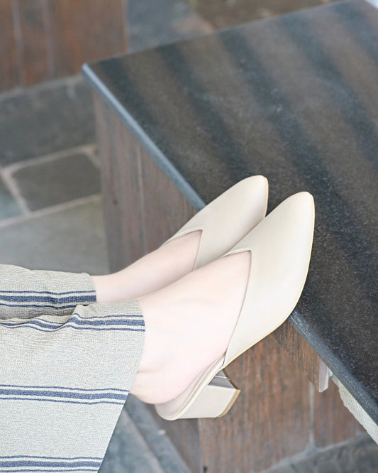Pointy Toe Block Heels - Beige